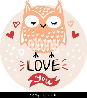 Vektor, Clip Art, handgezeichnete Valentinstag Illustration. Lustige Märchen, Waldtier, Eule Gesicht. Aufkleber, Druck für Karten, Plakate T-Shirts andere Stock Vektor