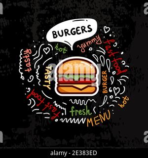 Leckere Burger, Fast-Food-Poster. Vektor Farbe flache Illustration für Poster, Label und Menü Cafe Fast Food. Stock Vektor