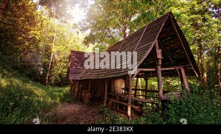 Holzhütte in der Mitte des Waldes versteckt Hochsommer Stockfoto