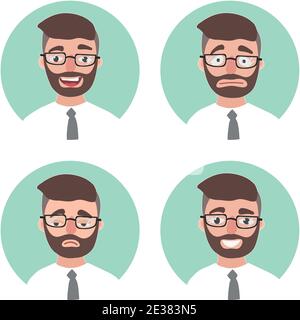 Set von jungen Hipster Mann Emotionen. Büroangestellte Portrait Emotionen Avatare. Illustration Geschäftsmann Stock Vektor