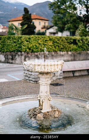 Eine Schüssel eines Brunnens mit Wasser auf Pflasterplatten vor dem Hintergrund von Bäumen und Häusern. Antiker Trinkbrunnen für Vögel in einem Stadtpark am See Stockfoto