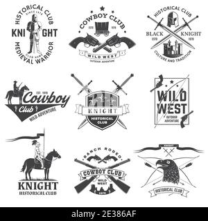 Set von Ritter historischen und Cowboy Club-Design. Vektor-Konzept für Shirt, Print, Stempel, Overlay oder Vorlage. Vintage Typografie Design mit Ritter, Ritter auf einem Pferd, Schwerter, Axt, Schloss Silhouette Stock Vektor