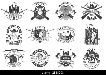 Set von Ritter historischen und Cowboy Club-Design. Vektor-Konzept für Shirt, Print, Stempel, Overlay oder Vorlage. Vintage Typografie Design mit Ritter, Ritter auf einem Pferd, Schwerter, Axt, Schloss Silhouette Stock Vektor