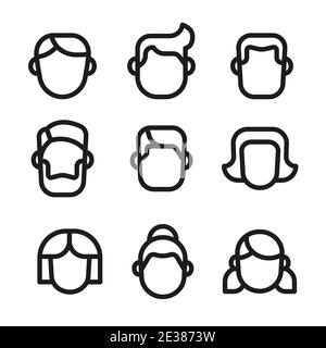 Abbildung der weiblichen und männlichen Avatare setzen Symbole auf Der weiße Hintergrund Stock Vektor