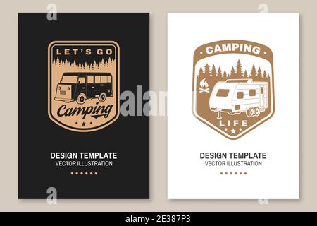 Gehen wir zum Camping. Poster, Banner, Flyer. Vektor. Konzept für Hemd oder Logo, Print, Stempel oder T-Shirt. Vintage Typografie Design mit Wohnmobil und Wald Silhouette. Camping-Zitat. Stock Vektor