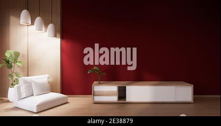 Schrank im Wohnzimmer mit roter Wand und Sessel.3D-Rendering Stockfoto