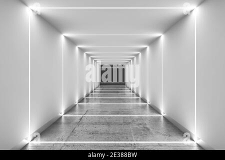 Abstrakter minimaler Innenhintergrund. Langer Tunnel mit poliertem Betonboden, weißen matten Wänden und LED-Streifen-Beleuchtung, 3d-Rendering illustrat Stockfoto