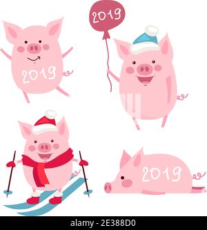 Vektor-Illustration-Set, Happy New Year 2019 lustige Karte Design mit Cartoon Schwein Stock Vektor