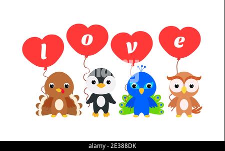 Gruppe von niedlichen Tieren. Cartoon türkei, Pinguin, Pfau, Eule stehen und halten Ballons in den Händen. Alles Liebe zum Valentinstag. Zeichensatz isoliert Stock Vektor
