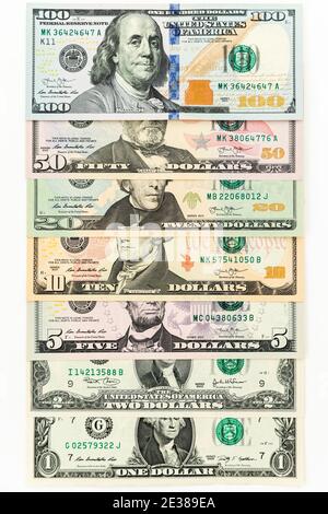 US-Dollar. 1, 2, 5, 10, 20, 50 und 100 Dollar Scheine. Stockfoto
