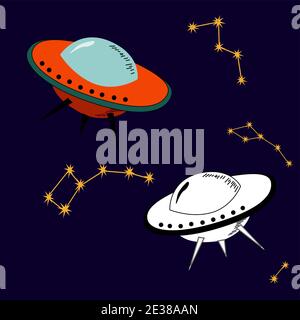 Set von zwei UFO in einem flachen Stil auf einem dunkelblauen Hintergrund. Bunte UFO und weiße UFO .Vektor-Illustration mit fliegenden UFO Stock Vektor
