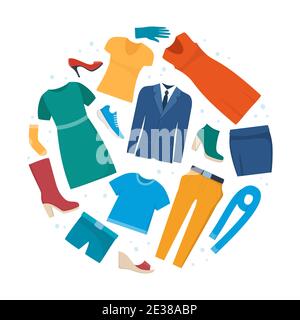 Kleidung und Accessoires Mode Icon Set. Männer und Frauen Kleidung und Schuhe. Legere Kleidung der Saison. Boutique, Sortiment Showroom, persönliche wardrob Stock Vektor