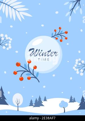 Winterzeit. Winter Social Network Banner Vorlage. Flyer mit Winterlandschaft verschneiten Hintergrund. Vektorgrafik Stock Vektor