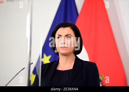 Wien, Österreich. 17. Januar 2021. Pressekonferenz der Bundesregierung. Weitere Einzelheiten zu den Corona-Massnahmen. Das Bild zeigt Elisabeth Köstinger, Bundesministerin für Landwirtschaft, Regionen und Tourismus (ÖVP) Stockfoto