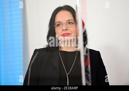 Wien, Österreich. Januar 2021. Pressekonferenz der Bundesregierung. Weitere Einzelheiten zu den Corona-Maßnahmen. Das Bild zeigt Staatssekretärin Andrea Mayer. Stockfoto