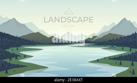 See in der Natur Sonnenuntergang mit Berglandschaft. Natur Hintergrund. Vektorgrafik Stock Vektor