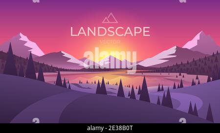 Landschaft mit Silhouetten von Bergen und Bergfluss. Natur Hintergrund. Vektorgrafik. Stock Vektor