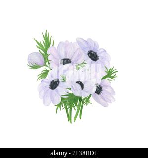 Weiße Anemone Blumenstrauß zarte Aquarell florale Illustration im Vintage-Stil, perfekt für Grußkarte, Banner, Hochzeit Einladung und Zugang Stockfoto