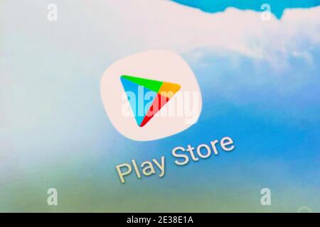 Eine Nahaufnahme des App-Logos für das Google Play, ehemals Android Market, digitaler Distributionsdienst für Apps auf einem Smartphone-Bildschirm des Mobiltelefons Stockfoto