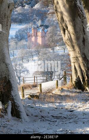 Ein Winterblick auf Craigievar Castle im Schnee, eingerahmt von Buchenbäumen (Fagus sylvatica) Stockfoto