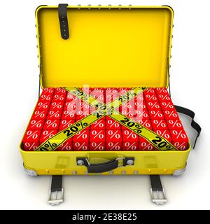 Koffer gefüllt mit Rabatt von 20%. Öffnen Sie den gelben Koffer voller Würfel mit weißen Prozentzeichen und gelben Bändern mit 20%-Kennzeichnung. 3D-Illustration Stockfoto