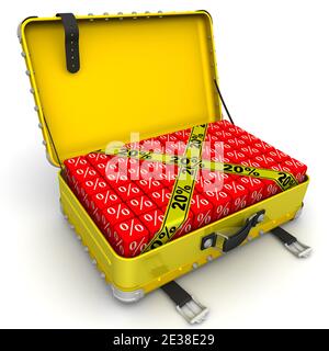 Koffer gefüllt mit Rabatt von 20%. Öffnen Sie den gelben Koffer voller Würfel mit weißen Prozentzeichen und gelben Bändern mit 20%-Kennzeichnung. 3D-Illustration Stockfoto