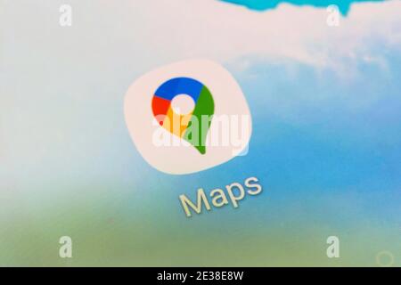 Eine Nahaufnahme des Anwendungslogos für Google Maps - ein von Google entwickelter Web-Mapping-Dienst, auf einem Handy-Bildschirm Stockfoto