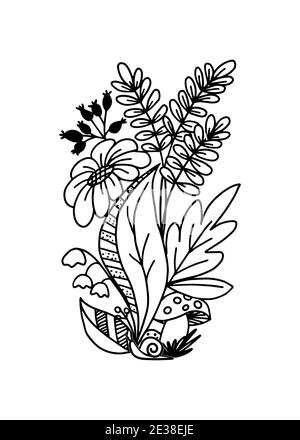 Botanische Komposition auf weißem Hintergrund. Konturzeichnung. Doodle. Stock Vektor