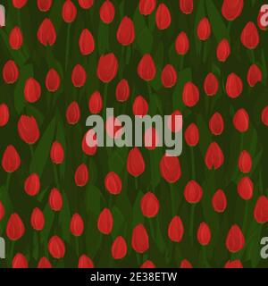 Bright Nahtloses Wiederholungsmuster von roten Tulpen. Blumen sind auf grünem Hintergrund Stock Vektor
