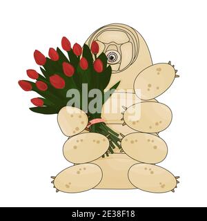 Die beige süße Tardigrade enthält ein Bouquet aus roten Tulpen, das aus dreizehn Blüten besteht. Geschenk ist mit rosa Tupfen Band gebunden. Tier ist isolat Stock Vektor