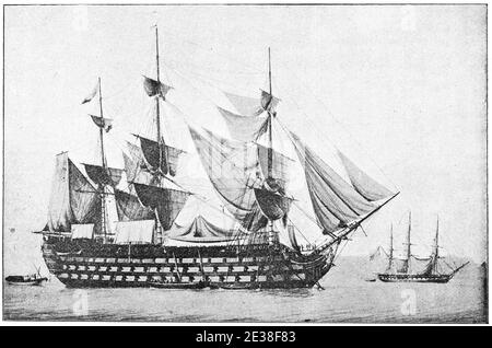 Die Wagram (1810) - ein 118-Kanonenschiff der Linie der französischen Marine, vom Typ Ozean. Illustration des 19. Jahrhunderts. Deutschland. Weißer Hintergrund. Stockfoto