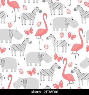 Nahtloses Muster mit niedlichen afrikanischen Zootieren. Flache und einfache Design-Stil für Baby, Kindertapete, Hintergrund, Stoff Illustration. Stock Vektor