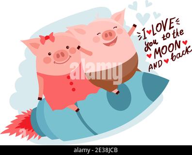 Vektor-Illustration von niedlichen Cartoon Schwein fliegen auf einer Rakete. Handgezeichneter Schriftzug, ich liebe dich zum Mond und zurück. Valentinstag Vektorkarte. Stock Vektor