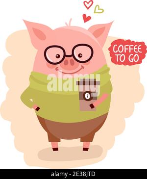 Cute Cartoon Schwein tragen Gläser mit der Tasse Kaffee. Kaffee Morgen Frühling Illustration isoliert auf weiß. Vektor-Illustration mit Cartoon sy Stock Vektor