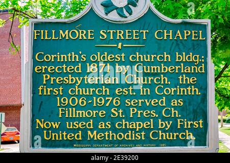 Eine historische Gedenktafel erzählt die Geschichte der Fillmore Street Chapel, 25. März 2012, in Korinth, Mississippi. Stockfoto