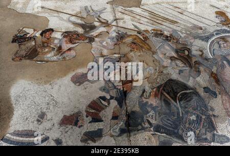 Ein Blick auf das Haus des Faun in Pompeji, Süditalien am 25. November 2010. Auf dem Boden ein Mosaik, das den Sieg Alexanders des Großen über Darius, König von Persien, darstellt.die antike römische Stadt Pompeji, die vor 2,000 Jahren in vulkanischer Asche aufbewahrt wurde, leidet unter Verfall. Archäologen sagen, dass es durch Vandalismus, Verschmutzung und Vernachlässigung ruiniert wird. Ihre Schätze sind nun in großer Gefahr, für immer verloren zu sein. Am 6. November brach Pompejis Haus der Gladiatoren zusammen und der Rest der außergewöhnlichen antiken Stadt befindet sich in einem gefährlichen Zustand. Pompeji wurde 79 n. Chr. durch einen Ausbruch des Vesuv zerstört Stockfoto