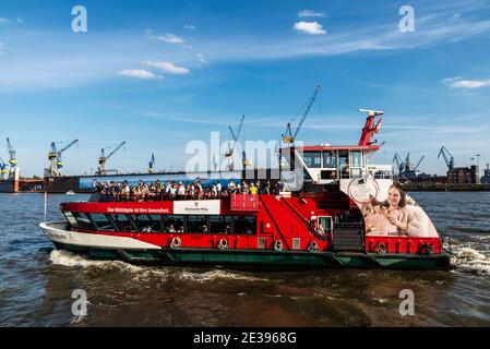 Hamburg, Deutschland - 22. August 2019: Kreuzfahrtschiff mit Menschen an Bord und Kranen im Hafen an der Elbe in Hamburg, Deutschland Stockfoto