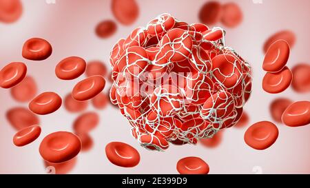 Nahaufnahme eines gerinnten Gerinnsels roter Blutkörperchen, die in Fibrin 3D-Darstellung verwickelt sind. Thrombus, Thrombose, Blutzirkulation, Pathologie, ich Stockfoto