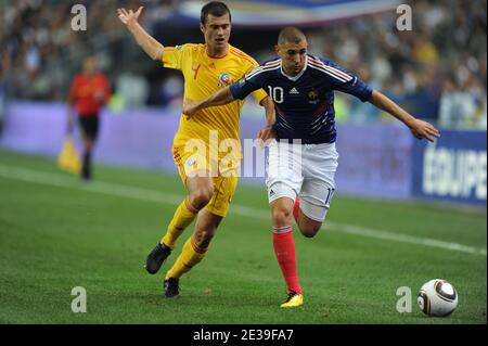 Der Franzose Karim Benzema kämpft mit dem Rumänen Gabriel Sebastian Tamas beim EM 2012 Qualifying Fußballspiel, Frankreich gegen Rumänien am 9. Oktober 2010 im Stade de France in Saint Denis bei Paris. Frankreich gewann 2:0. Foto von Nicolas Gouhier/Cameleon/ABACAPRESS.COM Stockfoto