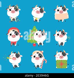Set von niedlichen Cartoon Ochsen und Kühe. Frohes neues Jahr Stock Vektor