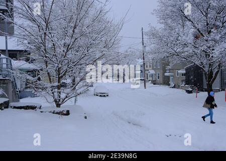 Verschneite Ottawa - Bilder aus der ganzen Stadt während einer 25cm Schneehöhe. Ein Fußgänger überquert eine verschneite Straße in Ottawa, Ontario, Kanada. Stockfoto
