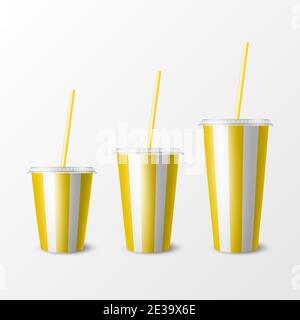 Vector 3d realistische gelbe gestreifte Papier Einweg-Cup-Set, Deckel, Stroh. Getränke, Getränke, Kaffee, Soda, Tee, Cocktail, Milchshake. Designvorlage von Stock Vektor