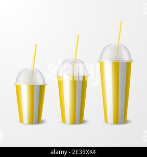 Vector 3d realistische gelbe gestreifte Papier Einweg-Cup-Set, Deckel, Stroh. Getränke, Getränke, Kaffee, Soda, Tee, Cocktail, Milchshake. Designvorlage von Stock Vektor