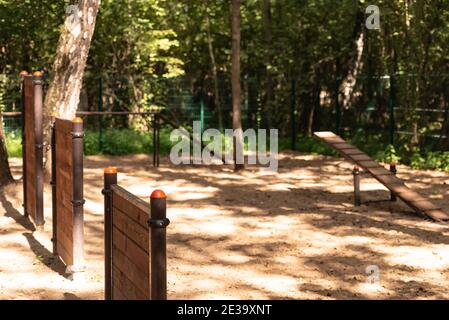 Hundespielplatz im Wald. Verschiedene Hunde Trainingsgeräte unter den Bäumen Stockfoto