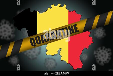 Eine 3D-Darstellung von Belgiens Karte und Flagge mit einem Quarantäne-Banner Stockfoto