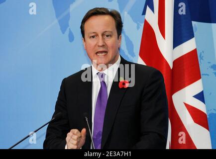David Cameron, britischer Premierminister, spricht auf einer Pressekonferenz am zweiten Tag des G20-Gipfels 2010 am 12. November 2010 in Seoul, Südkorea. Die Staats- und Regierungschefs der Welt trafen sich in Seoul zum fünften Treffen der G20-Gruppe von Nationen, um das globale Finanzsystem und die Weltwirtschaft zu diskutieren. Südkorea ist das erste Land ohne G8, das Gastgeber des G-20-Gipfels ist. Foto von Korea Pool/ABACAPRESS.COM Stockfoto