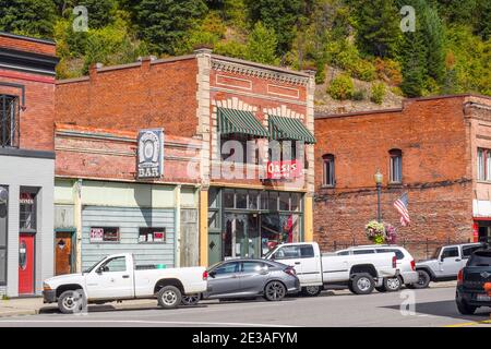 Die historische Hauptstraße der Bergarbeiterstadt Wallace, Idaho, im Gebiet des Silver Valley im Inland Northwest der USA Stockfoto