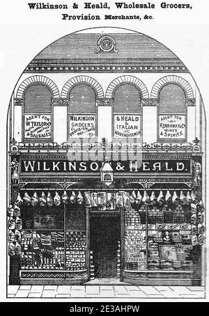 WILKINSON & HEALD, GROSSHANDEL LEBENSMITTELHÄNDLER, VERSORGUNG HÄNDLER, BRIDGE STREET, UND ST. JOHN’S BUILDINGS, BOOTHERRY ROAD, GOOLE. Moderne Radierung, Gravur oder Lithographie aus der viktorianischen Zeit. Stockfoto