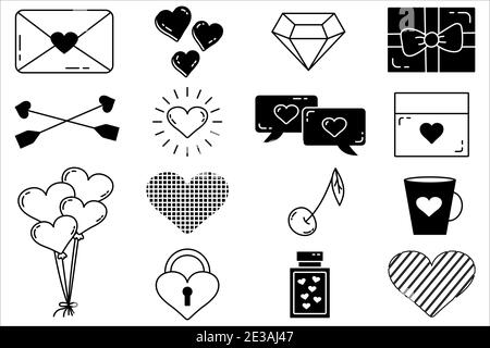 Ein Satz bearbeitbarer Vektorelemente. Valentines Day Kollektion mit editierbarer Kontur. Vektor niedlichen Illustrationen. Ein Liebesbrief. Isolierte Symbole auf einem weißen Stock Vektor