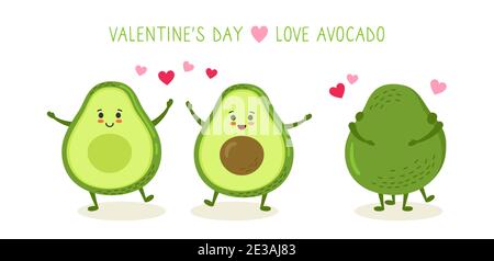 Avocado Paar Umarmung, Tanz und Liebe, Konzept für Postkarte Valentinstag. Handgezeichnete lustige Zeichentrickfigur grün kawaii Avocados mit Herzen, Leidenschaft. Romantische Banner Liebe Vektor Illustration Stock Vektor